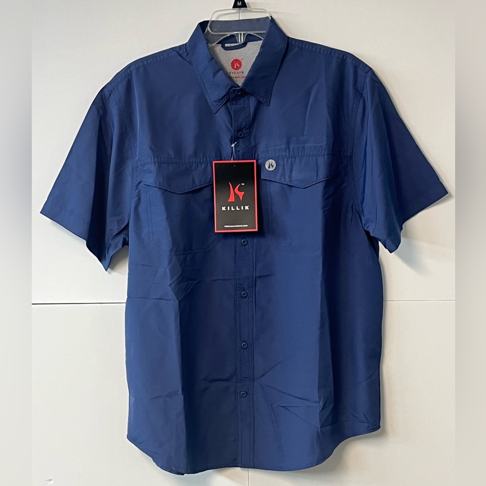 New Killik Men's Woven Short Sleeve Button Down  Deep Cobalt Shirt. Size Large.